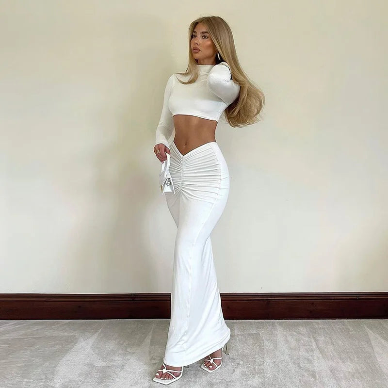 2 Piece Set White Long Sleeve Top + Ruche Maxi Skirt