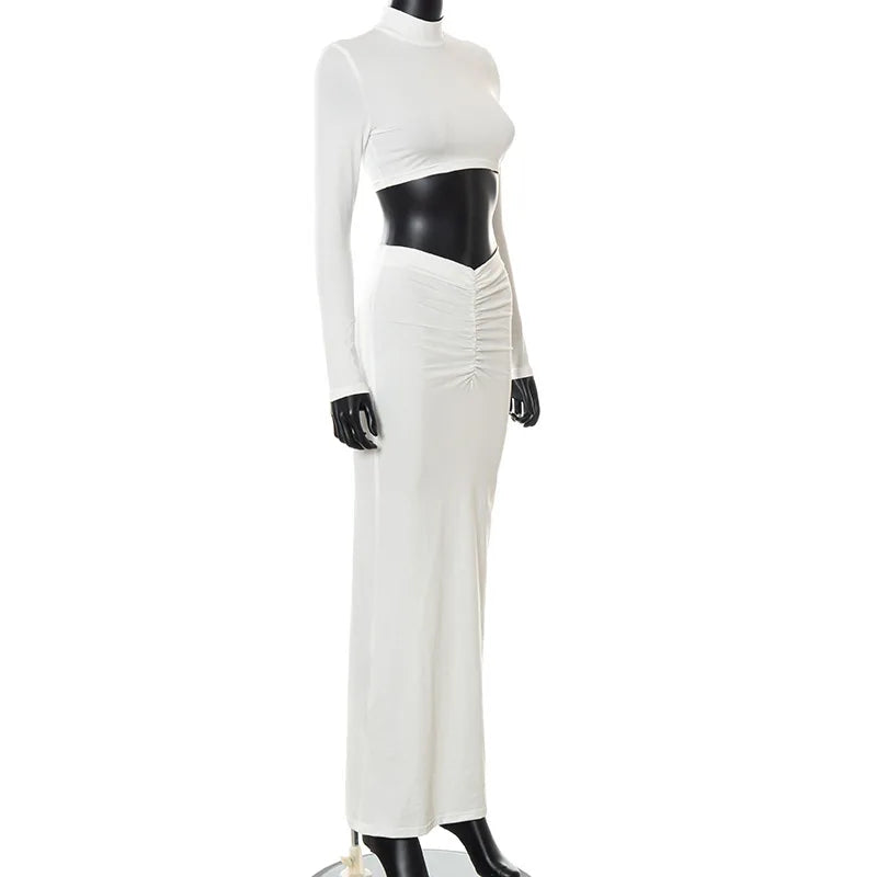 2 Piece Set White Long Sleeve Top + Ruche Maxi Skirt