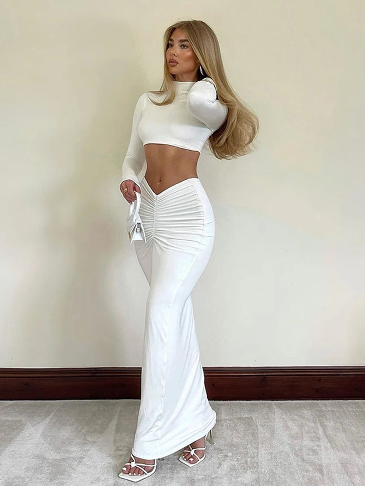 2 Piece Set White Long Sleeve Top + Ruche Maxi Skirt