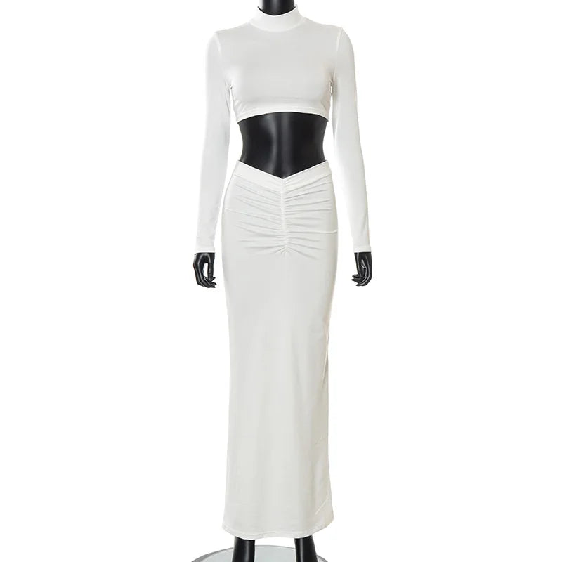 2 Piece Set White Long Sleeve Top + Ruche Maxi Skirt
