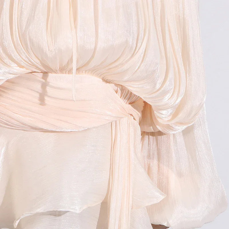 Chic Ruffle Hem Mini O Neck Lace Up Loose Blouse Dress