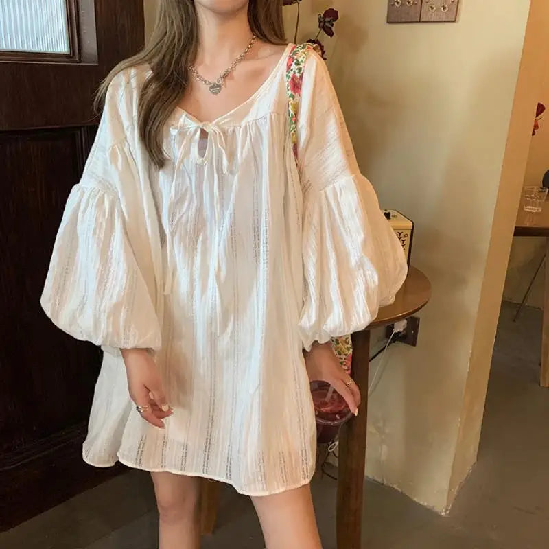 Simple Sheer Loose Lantern Sleeve Dress