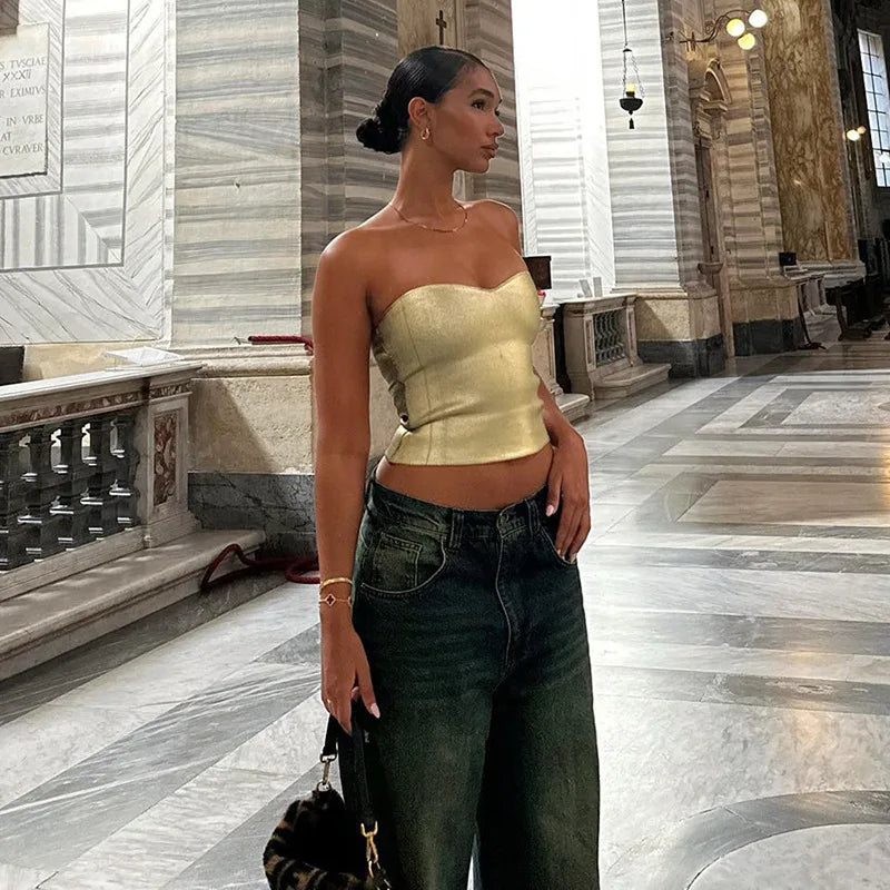 Sexy Strapless Gold Bustier Top