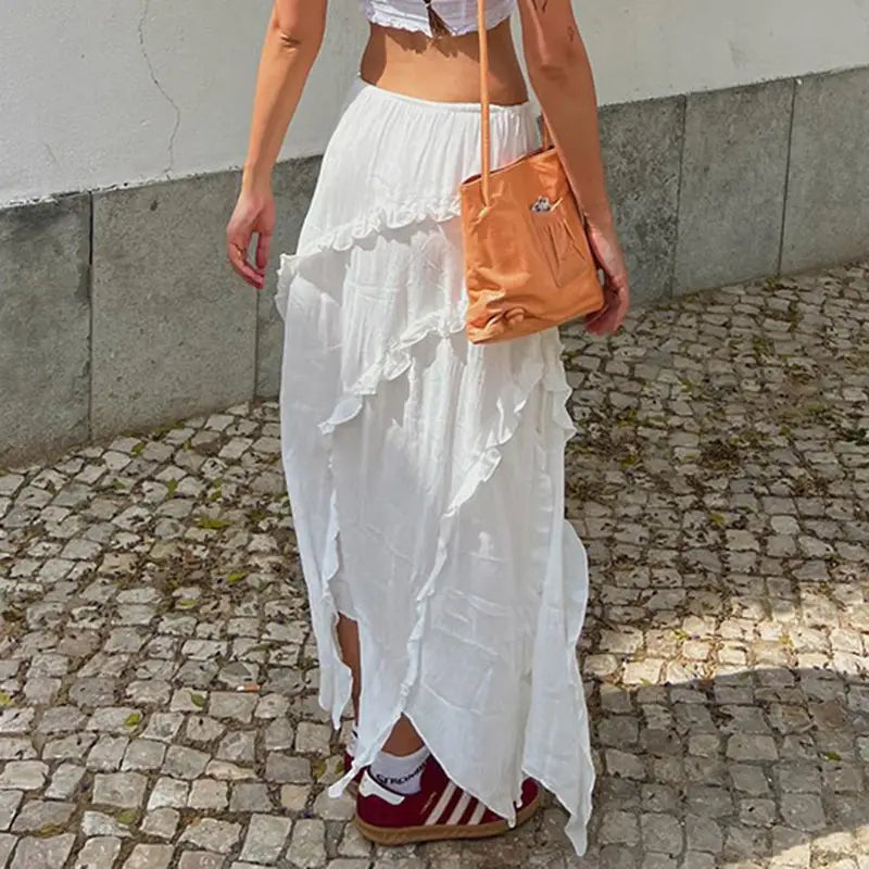 Low Waist Lace Up White Irregular Split White Midi Skirt Women