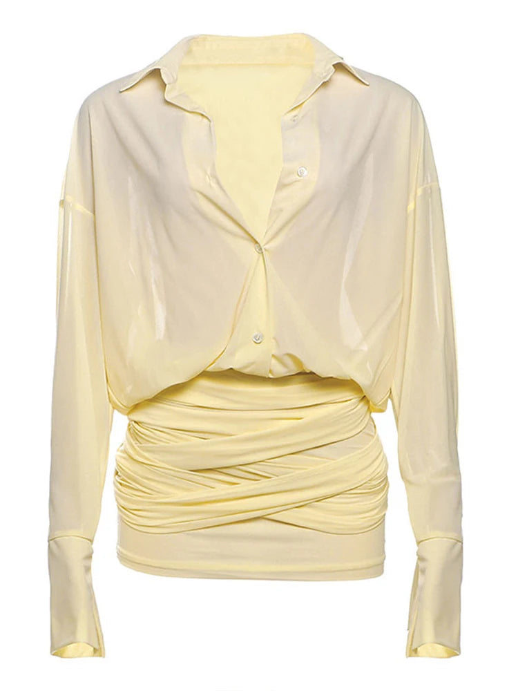 Elegant Yellow Lapel Buttons Pleated Mini Dresses