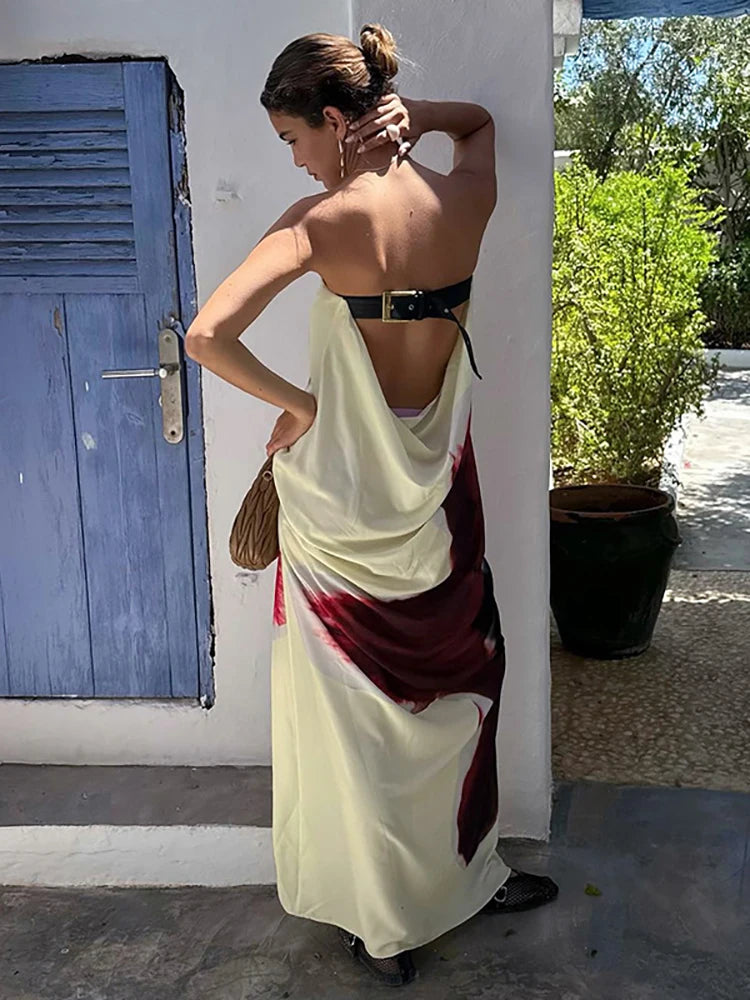 Sexy Yellow Strapless Print Floral Belt Maxi Dress