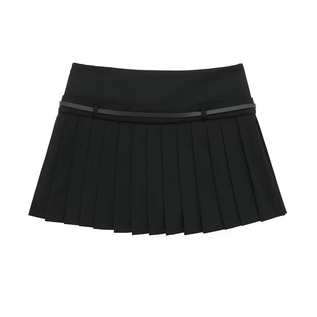 Box Pleated Mini Skirt With Belt