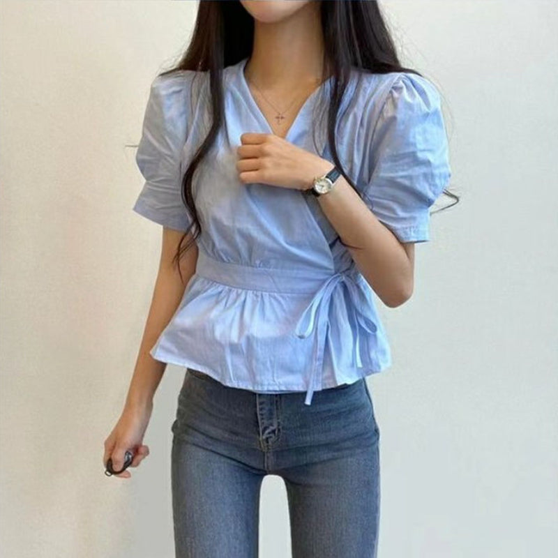 Chic Solid All-Match Lace -Up Blouse