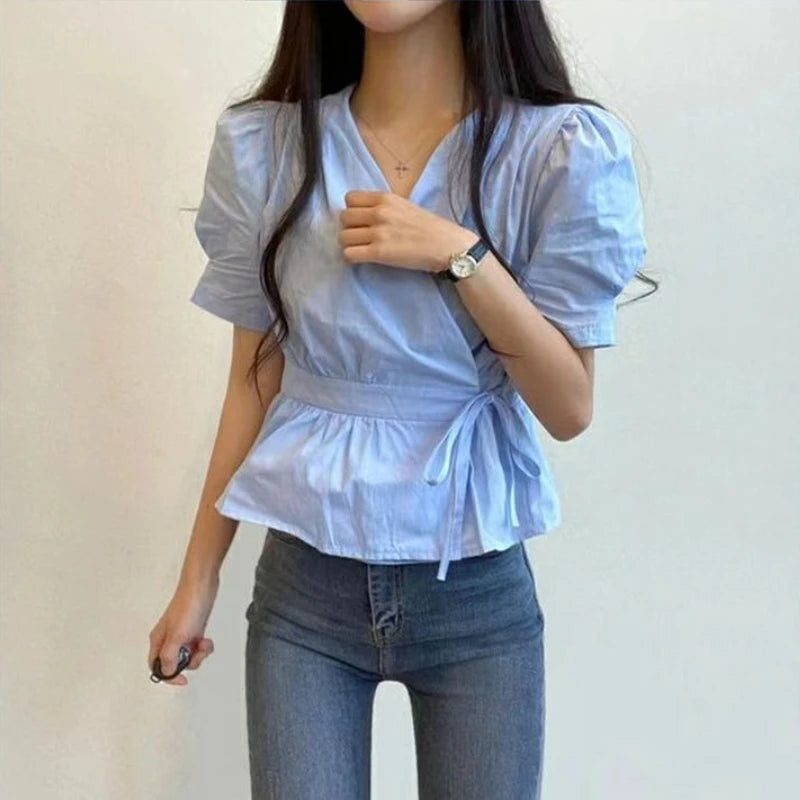 Chic Solid All-Match Lace -Up Blouse