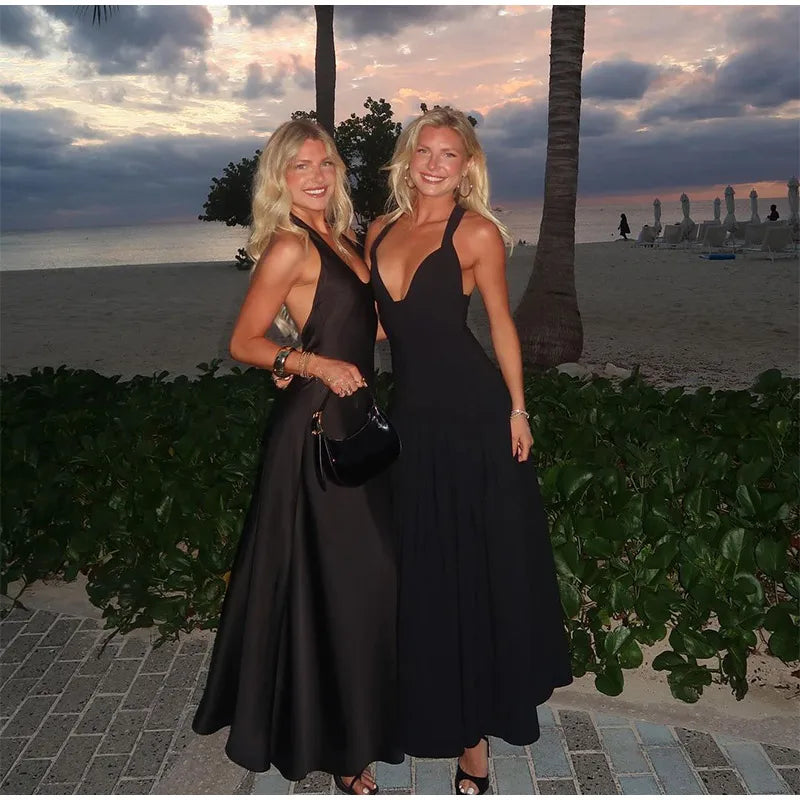 Black Satin Patchwork V-neck Sleeveless Backless Maxi Dress