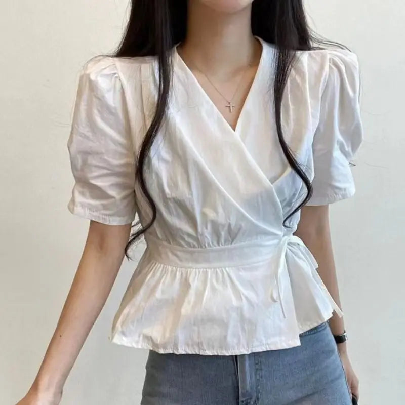 Chic Solid All-Match Lace -Up Blouse