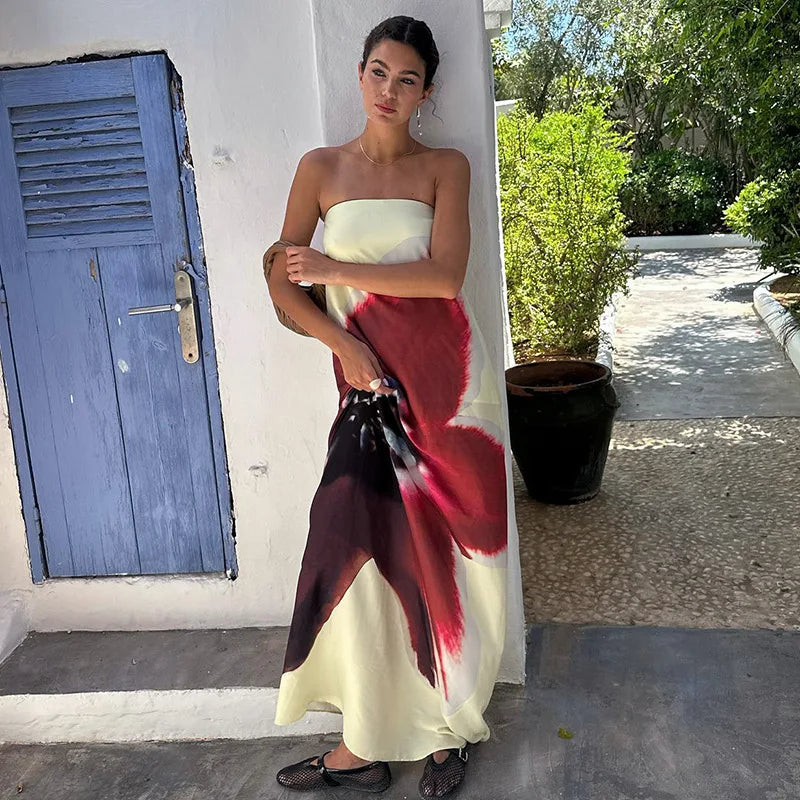 Sexy Yellow Strapless Print Floral Belt Maxi Dress