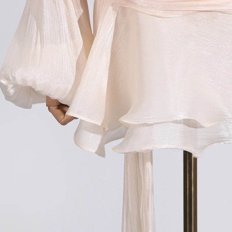 Chic Ruffle Hem Mini O Neck Lace Up Loose Blouse Dress
