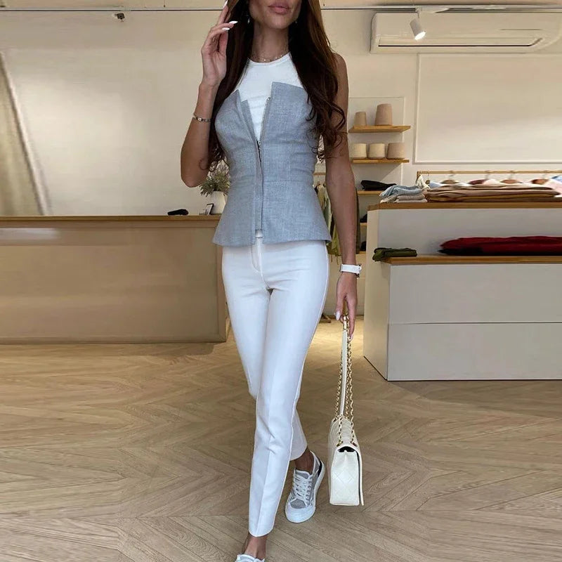 Slim Off Shoulder Sleeveless Solid Zipper Blouse