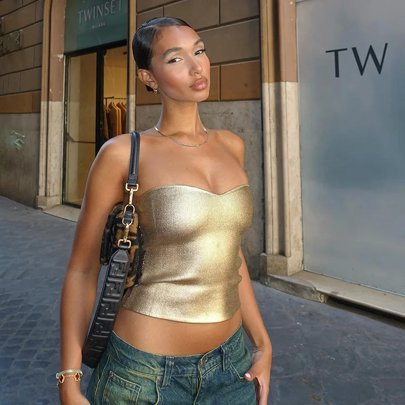Sexy Strapless Gold Bustier Top