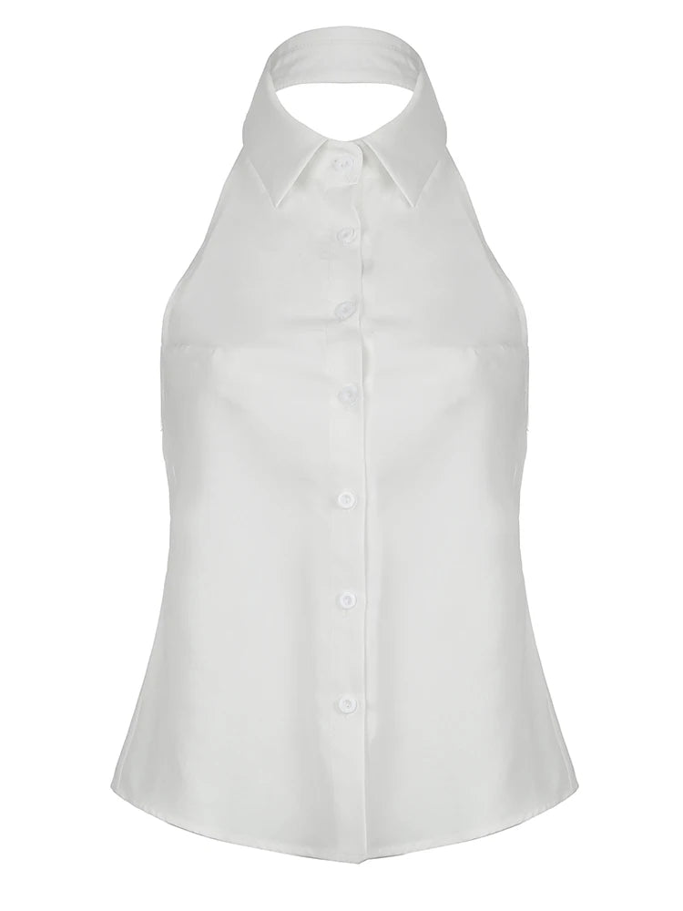 Backless Tie Bow Single Breasted Turn Down V-Neck Halter Top