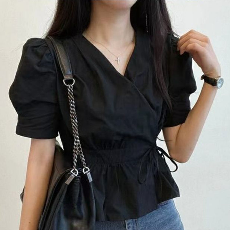 Chic Solid All-Match Lace -Up Blouse
