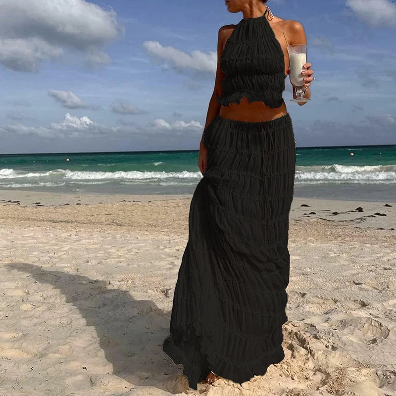 Matching Ruched Halter Cami Tops + Maxi Long Skirt