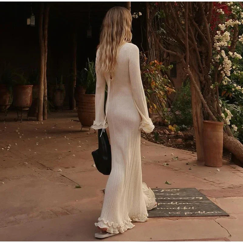 Elegant Ruffle Hem Knit White Long Dress