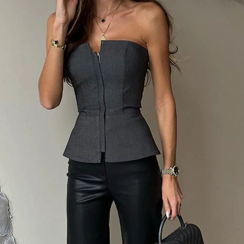 Slim Off Shoulder Sleeveless Solid Zipper Blouse