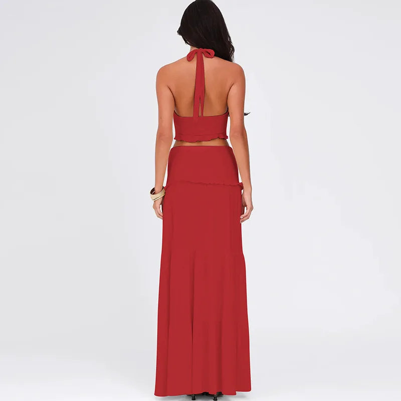 Elegant 2 Piece Set Sleeveless Frill Halter Twist Top + Maxi Skirt
