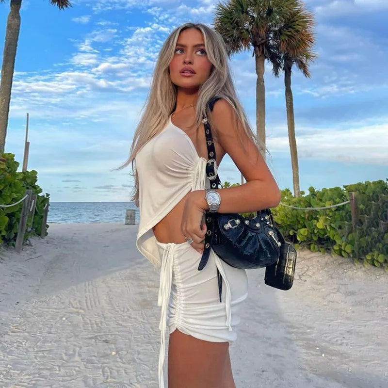 2 Piece Drawstring Set One Shoulder Crop Top + Mini Skirts
