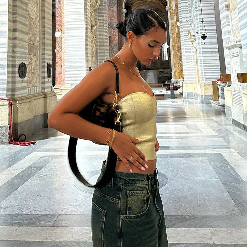 Sexy Strapless Gold Bustier Top