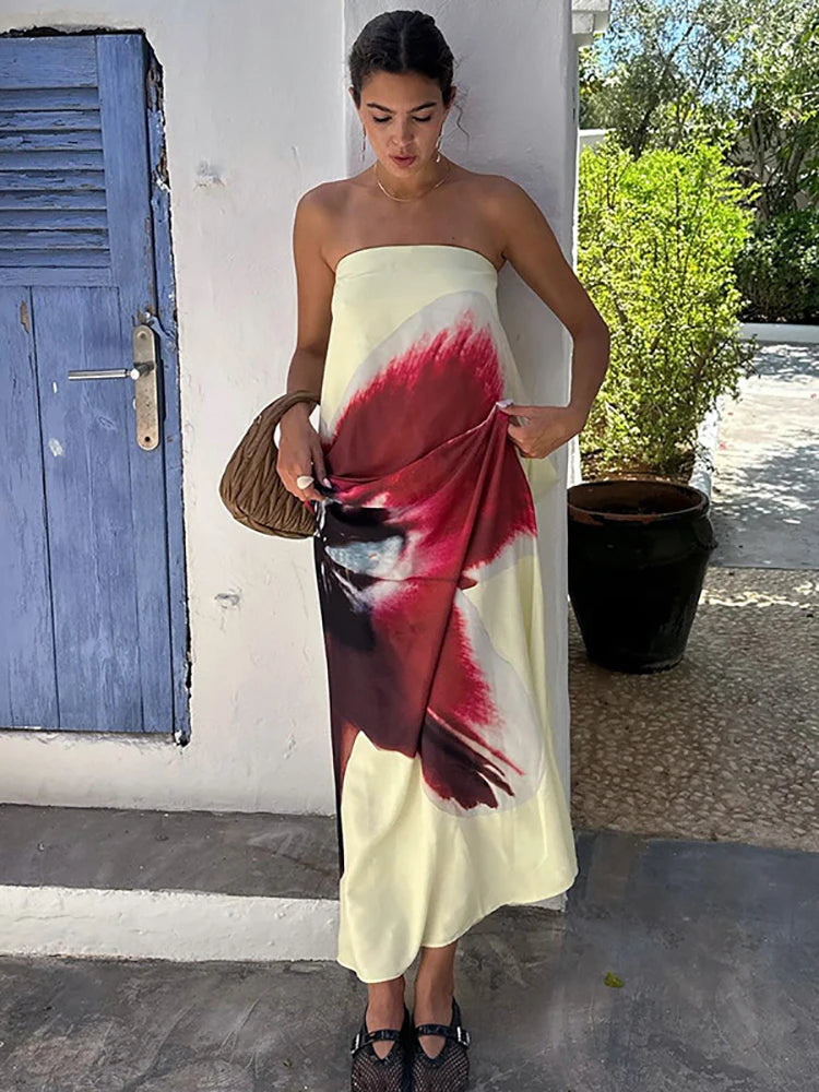 Sexy Yellow Strapless Print Floral Belt Maxi Dress