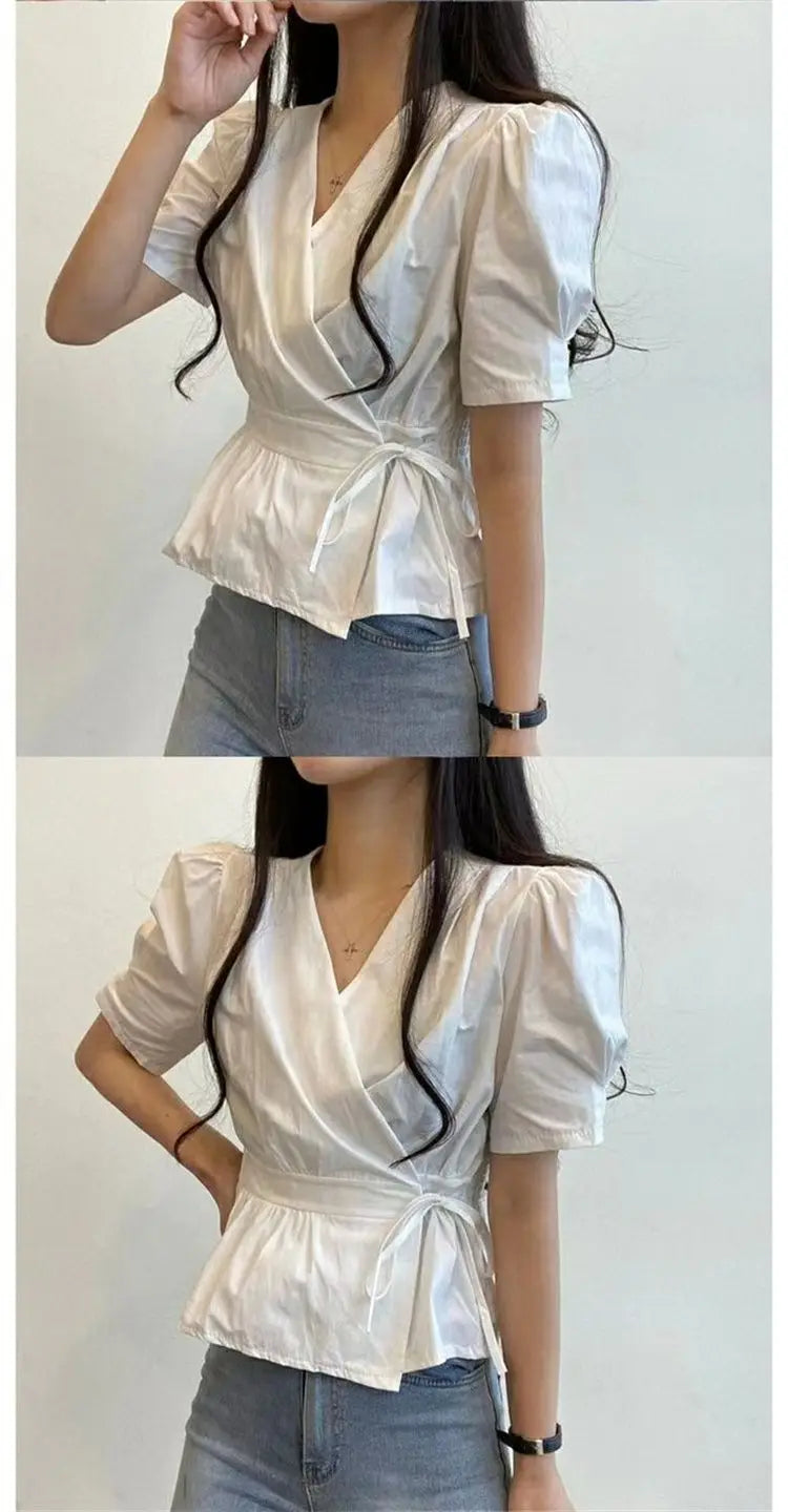 Chic Solid All-Match Lace -Up Blouse