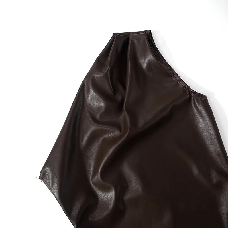 Vintage One Shoulder Slant Collar Side Zipper Leather Top