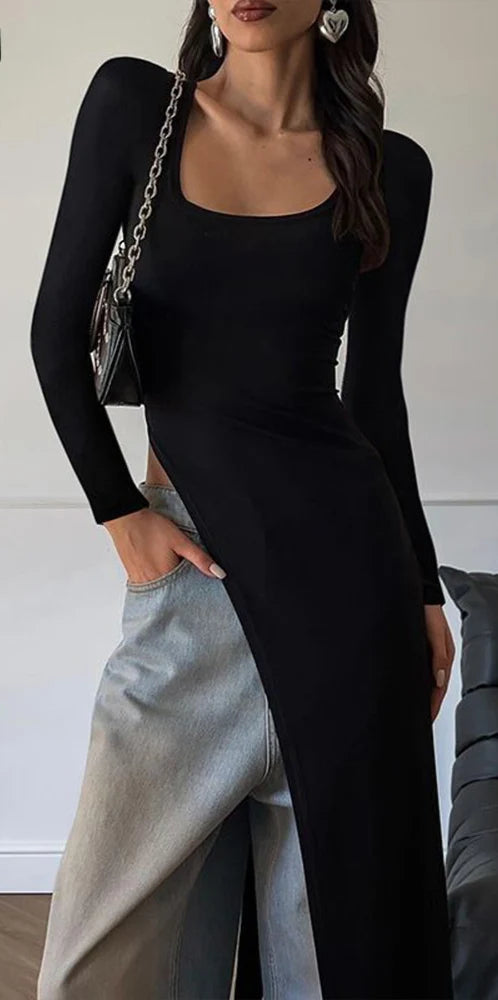 Solid Full Sleeve U-Neck Split Super-Long Top