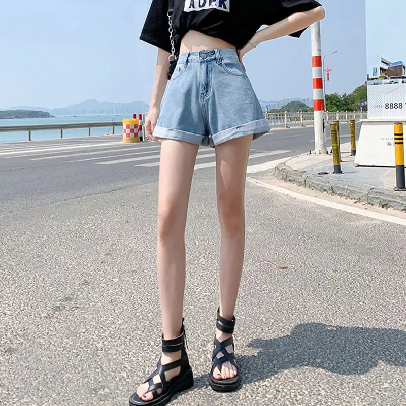 Summer Women's Denim Shorts High Waist Blue Cotton Wide-leg Short Pants Girl's Student Mini Korean Fashion Womens Jean Shorts