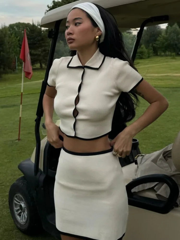 Short Sleeve Lapel Cropped Cardigan + Contrast Skirts Knitwear 2 Piece Set