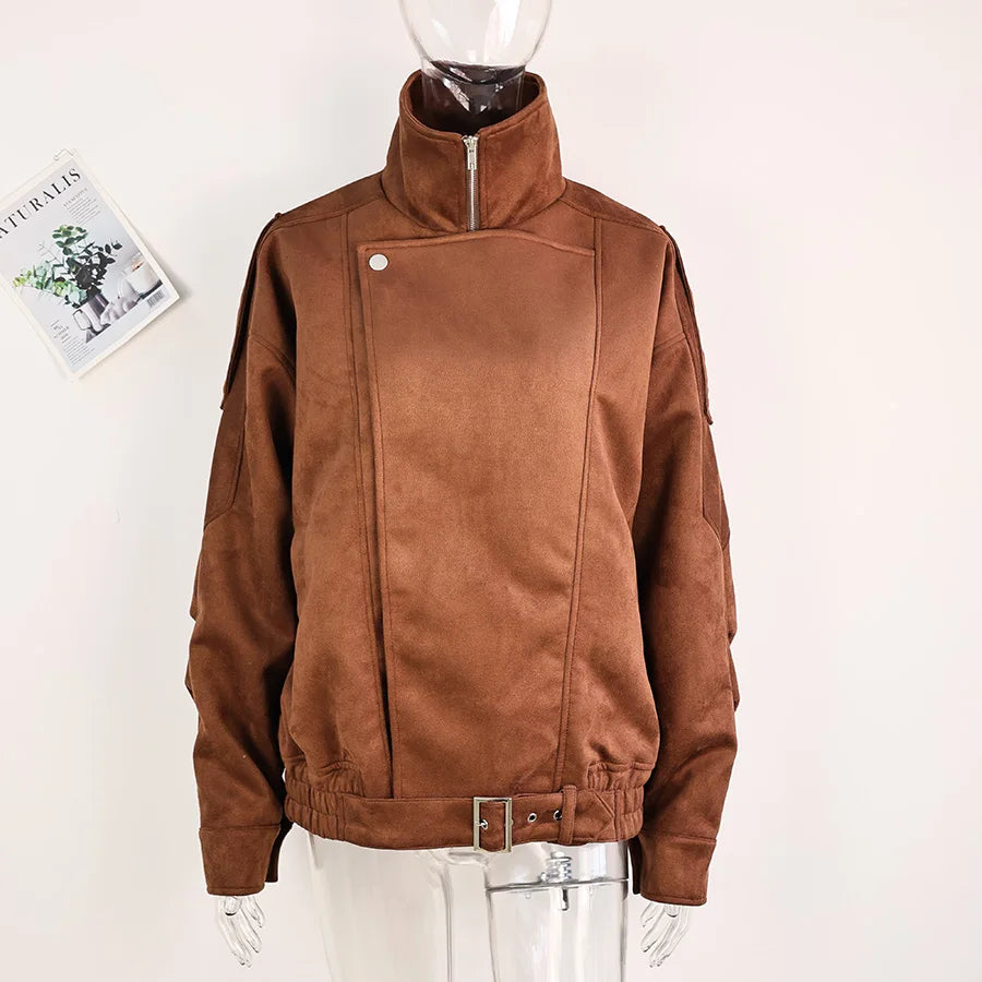 Chic Brown Suede Cropped Casual Coat