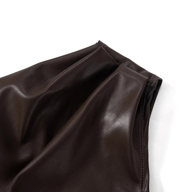 Vintage One Shoulder Slant Collar Side Zipper Leather Top