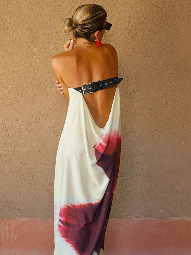 Sexy Yellow Strapless Print Floral Belt Maxi Dress