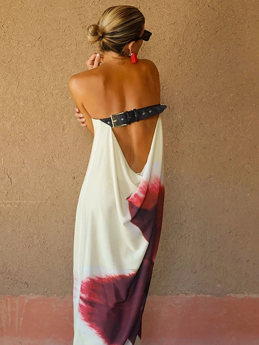 Sexy Yellow Strapless Print Floral Belt Maxi Dress