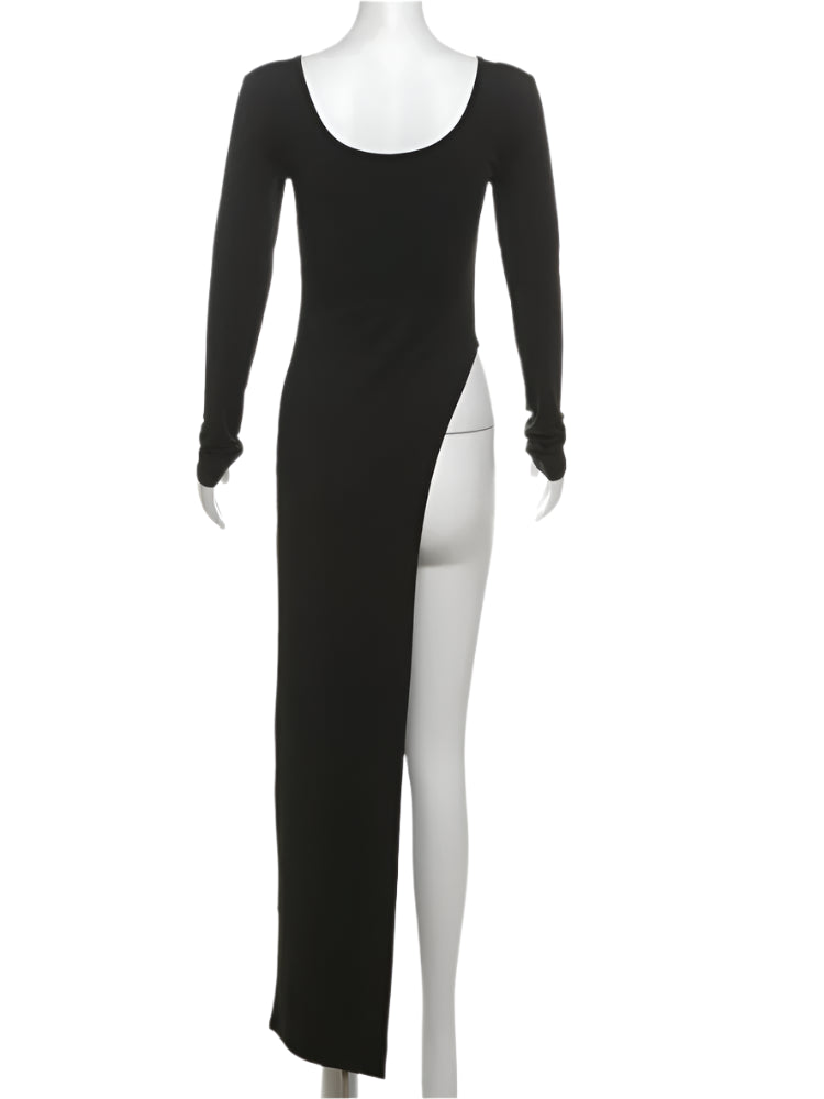 Solid Full Sleeve U-Neck Split Super-Long Top