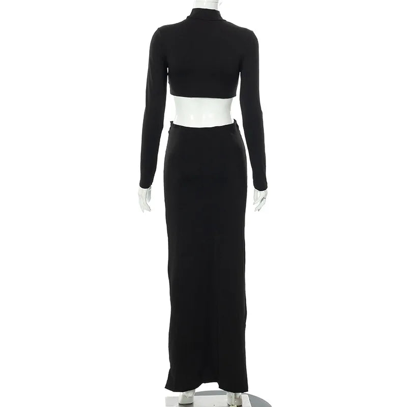 2 Piece Set White Long Sleeve Top + Ruche Maxi Skirt