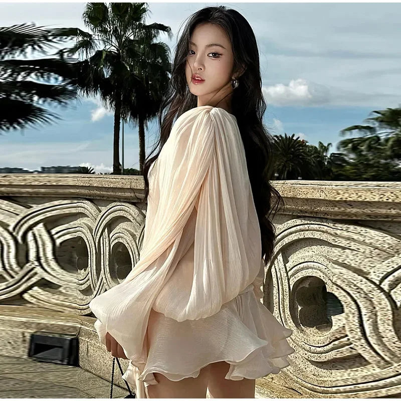 Chic Ruffle Hem Mini O Neck Lace Up Loose Blouse Dress