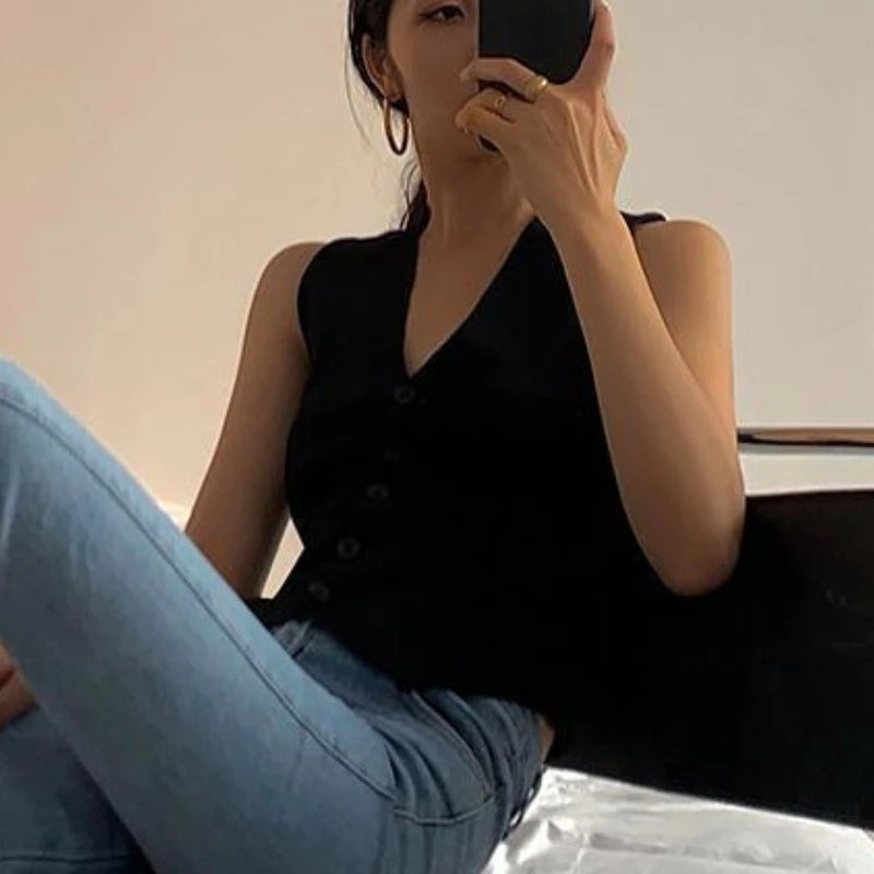 Vintage Solid V-Neck Vest