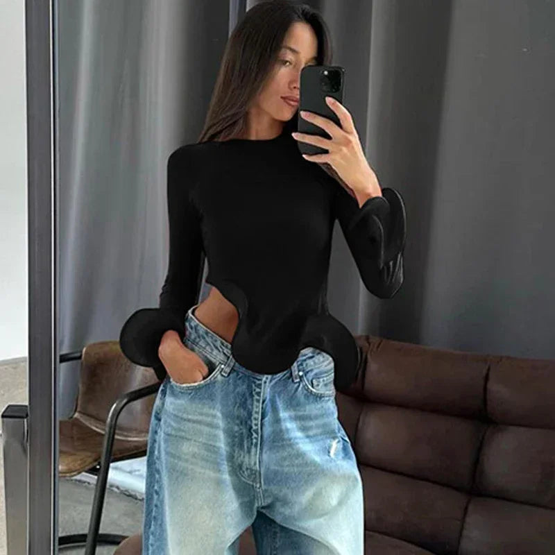 Asymmetry Slim Ruffle Long Sleeve