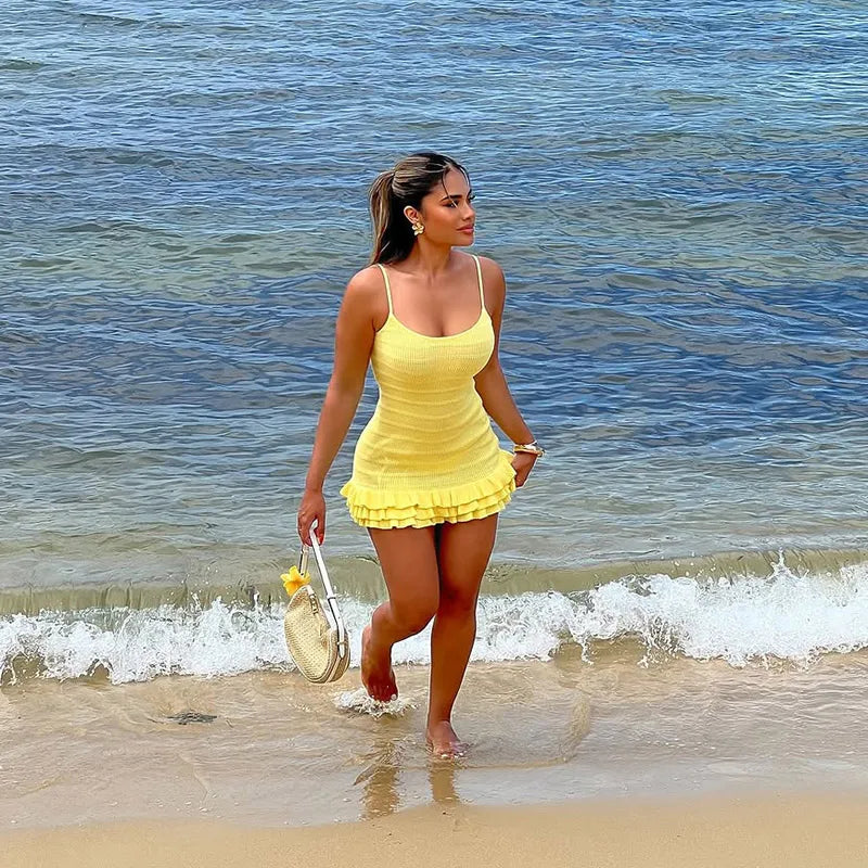 2025 Women's Knitted Backless Sleeveless Strap Dress Sexy High Street Solid Layered Slim Fit Vestidos Spring New Chic Beach Gown