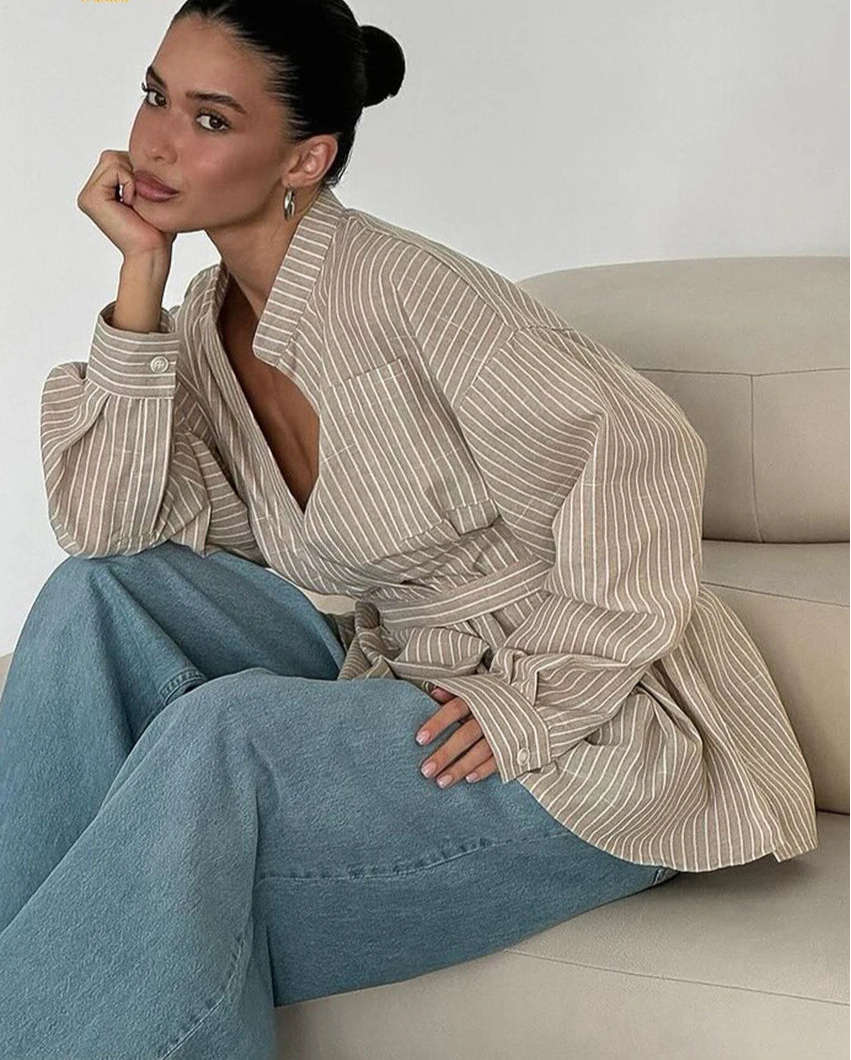 Classic Brown Striped Stand Collar Long Sleeve Shirt