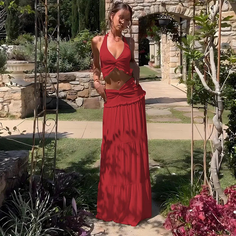 Elegant 2 Piece Set Sleeveless Frill Halter Twist Top + Maxi Skirt