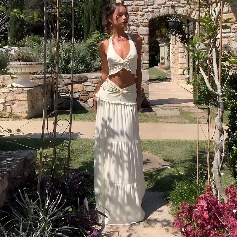 Elegant 2 Piece Set Sleeveless Frill Halter Twist Top + Maxi Skirt