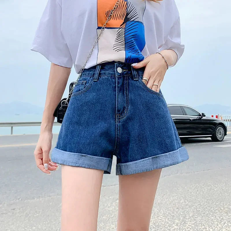 Summer Women's Denim Shorts High Waist Blue Cotton Wide-leg Short Pants Girl's Student Mini Korean Fashion Womens Jean Shorts