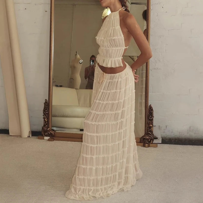 Matching Ruched Halter Cami Tops + Maxi Long Skirt