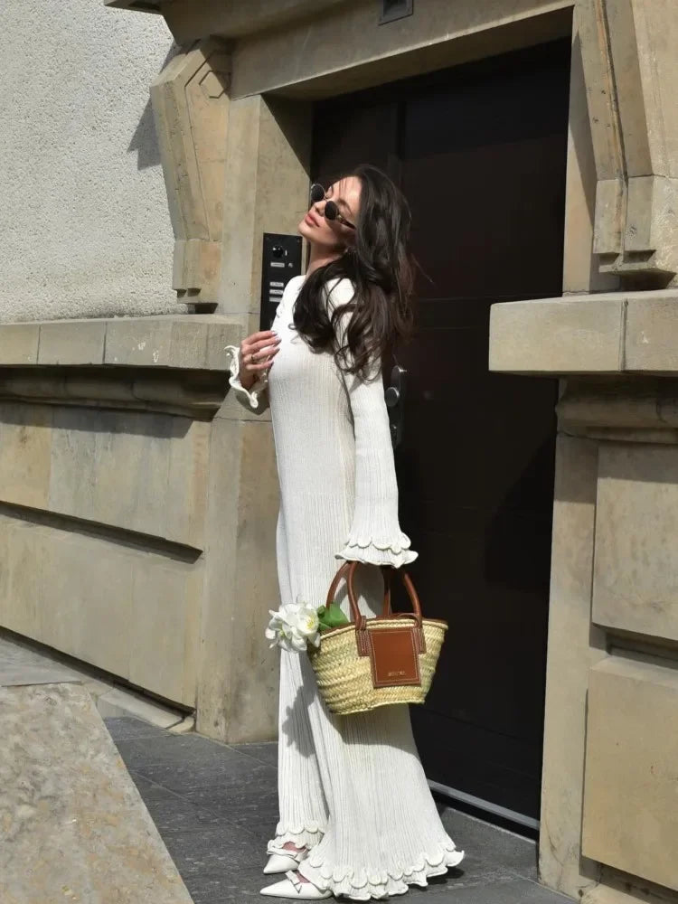 Elegant Ruffle Hem Knit White Long Dress