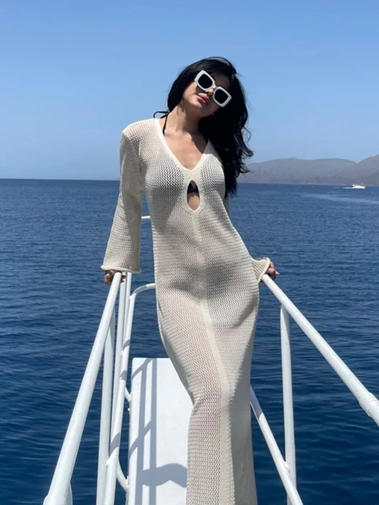 Knit Mesh V-Neck Flared Sleeve Cut Out Cover Up